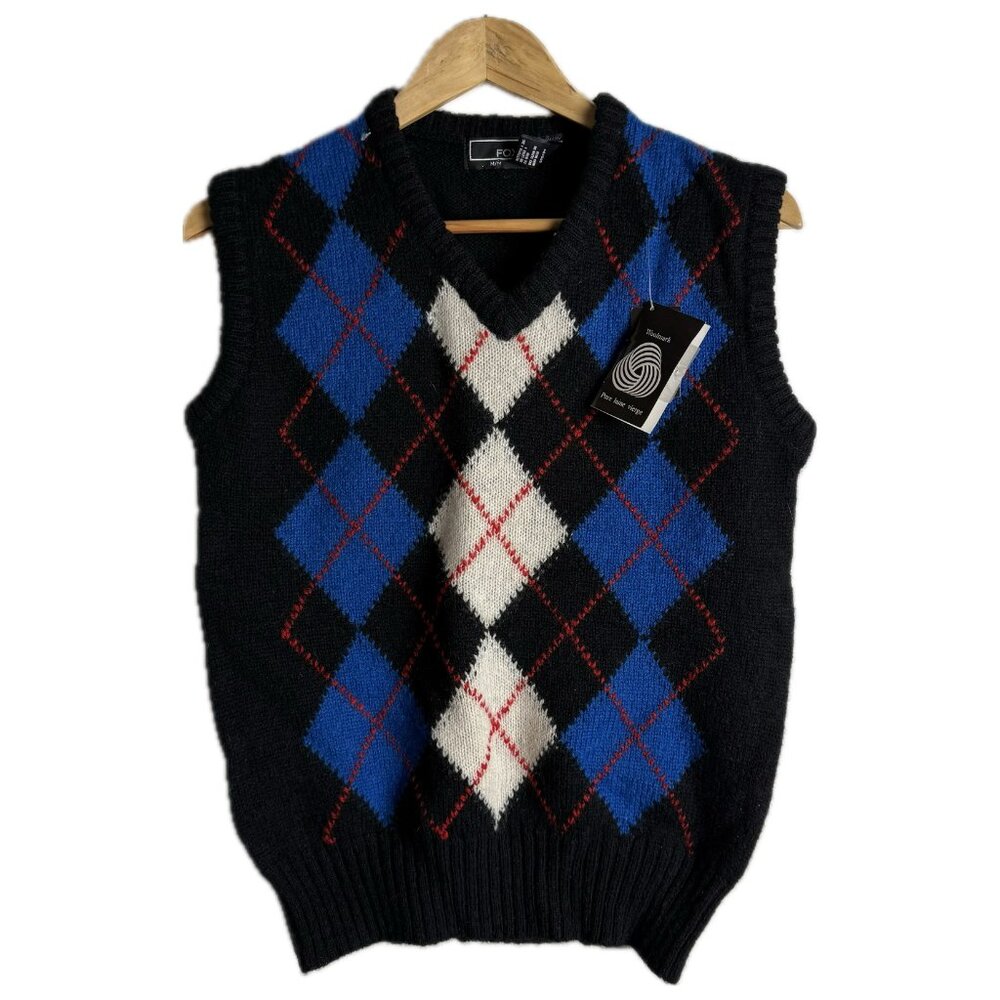 Vintage Sweater Vest Women M Navy Blue Red Argyle Wool 80s 90s Academia Preppy